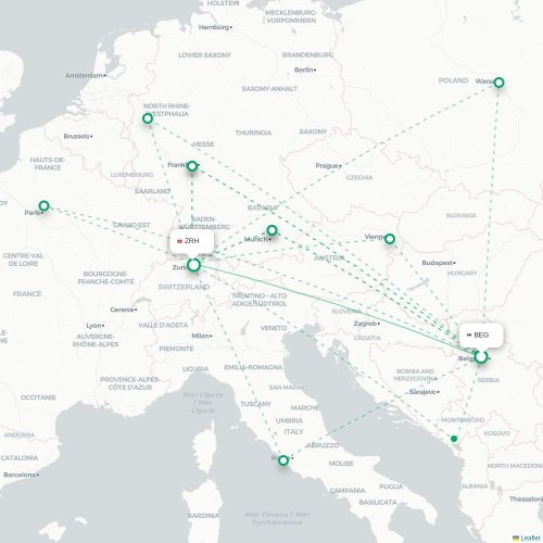 Mapa de vuelo directo Belgrado - Zúrich