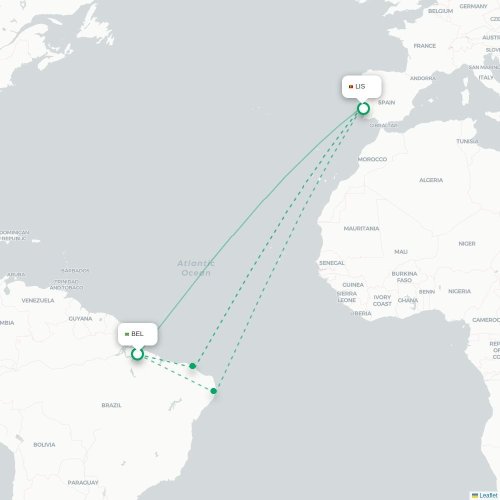 Mapa lotu bezpośredniego Belém – Lizbona