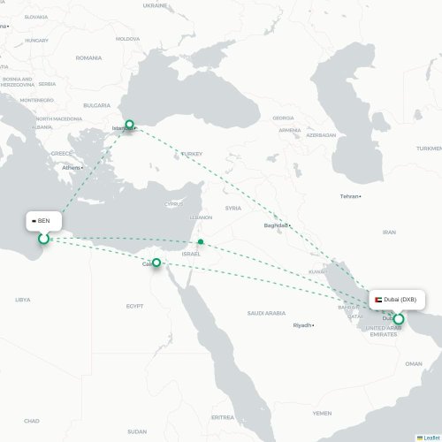 Mapa lotu bezpośredniego Bengazi – Dubaj