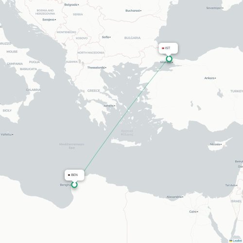 Mapa lotu bezpośredniego Bengazi – Stambuł