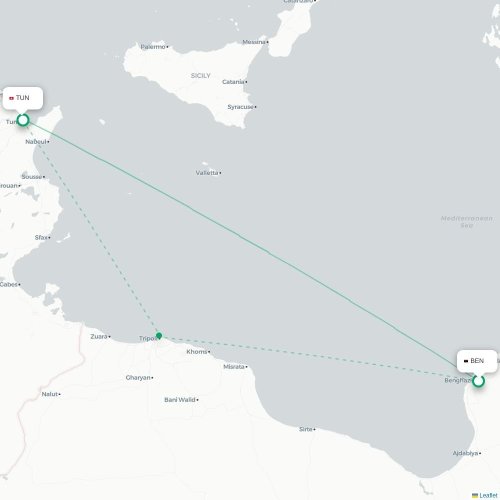 Mapa lotu bezpośredniego Bengazi – Tunis