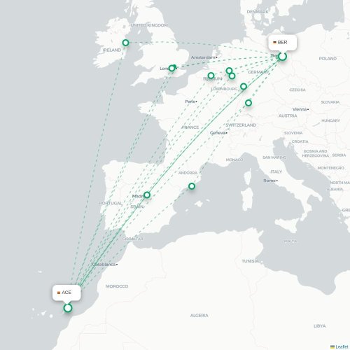Mapa de vuelo directo Berlín - Arrecife