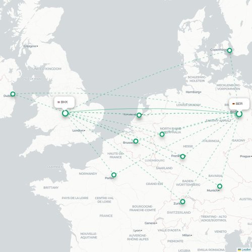 Mapa de vuelo directo Berlín - Birmingham