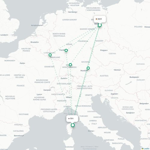 Mapa lotu bezpośredniego Berlin – Bastia