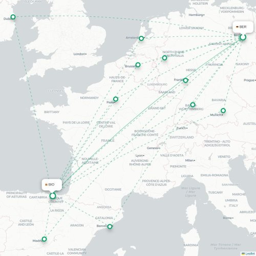 Mapa de vuelo directo Berlín - Bilbao