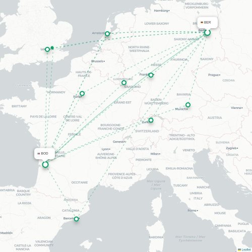 Mapa lotu bezpośredniego Berlin – Bordeaux