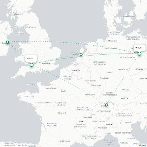 Mapa de vuelo directo Berlín - Brístol