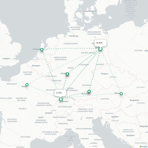 Mapa de vuelo directo Berlín - Basilea, Suiza