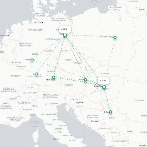 Mapa de vuelo directo Berlín - Budapest