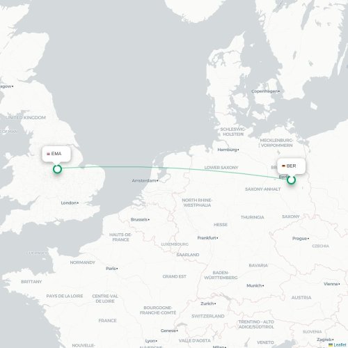 Mapa de vuelo directo Berlín - Nottingham