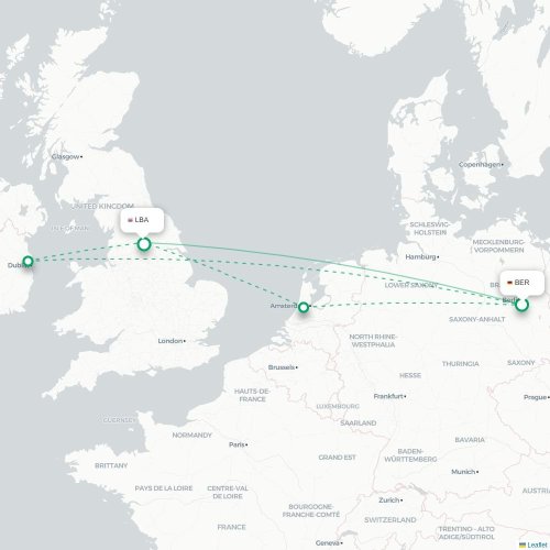 Mapa de vuelo directo Berlín - Leeds, Condado de Yorkshire del Oeste