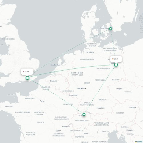 Mapa de vuelo directo Berlín - Londres