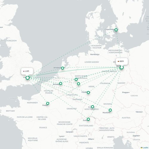 Mapa de vuelo directo Berlín - Londres