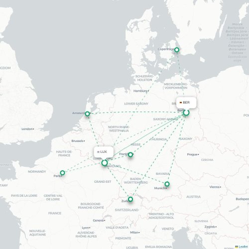 Mapa de vuelo directo Berlín - Luxemburgo