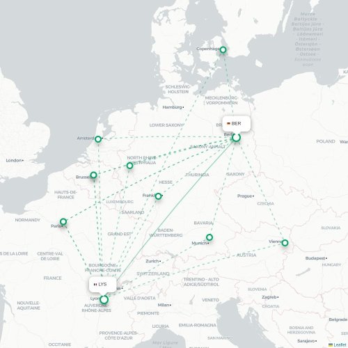 Mapa lotu bezpośredniego Berlin – Lyon