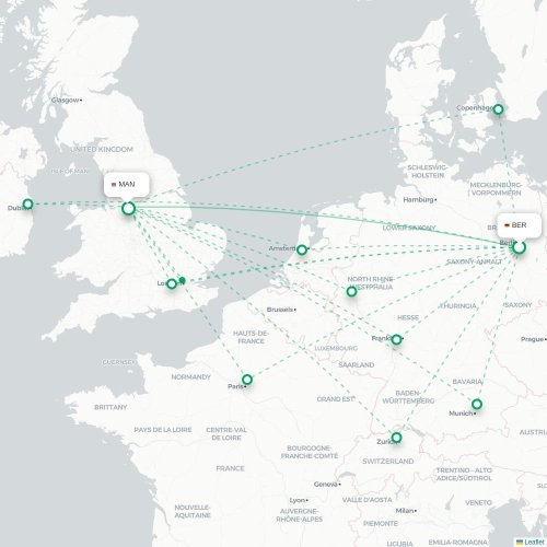 Mapa de vuelo directo Berlín - Mánchester