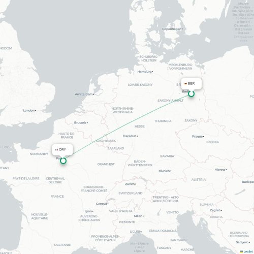 Mapa lotu bezpośredniego Berlin – Paryż