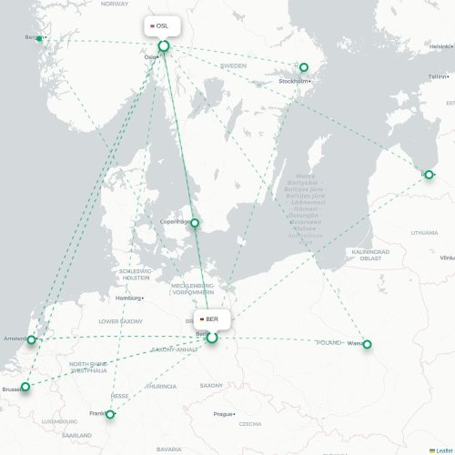 Mapa de vuelo directo Berlín - Oslo