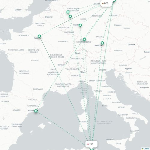 Mapa lotu bezpośredniego Berlin – Tunis