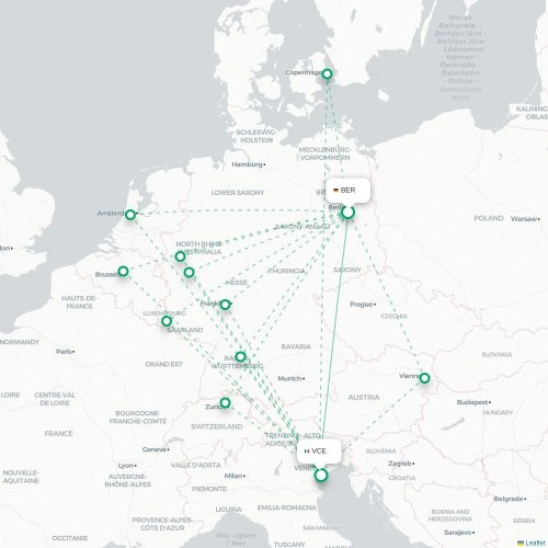 Berlijn - Venetië kaart van rechtstreekse vlucht