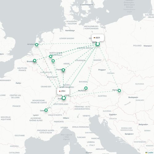 Mapa de vuelo directo Berlín - Zúrich