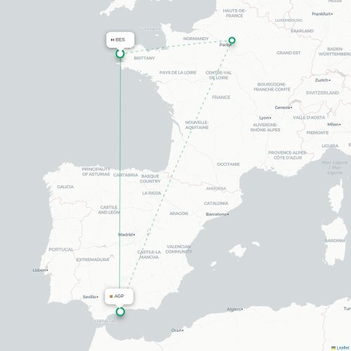 Mapa de vuelo directo Brest - Málaga