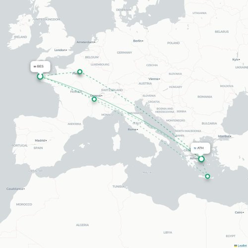 Mapa de vuelo directo Brest - Atenas