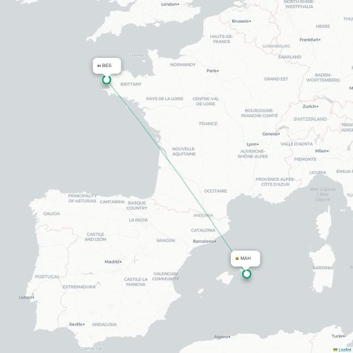 Mapa de vuelo directo Brest - Mahón
