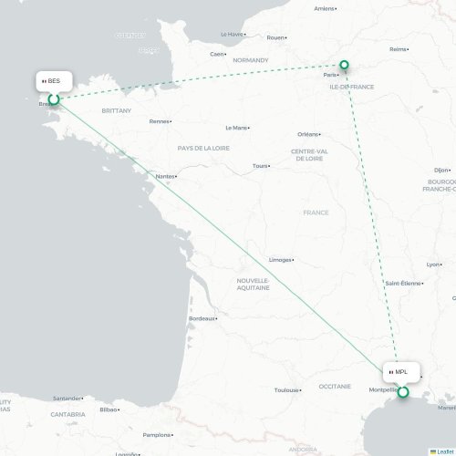 Mapa lotu bezpośredniego Brest – Montpellier