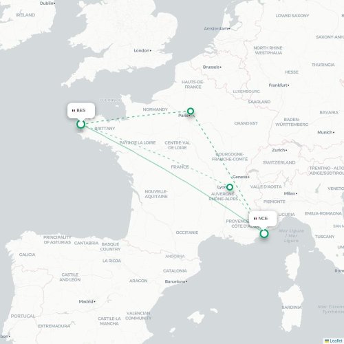 Mapa lotu bezpośredniego Brest – Nicea