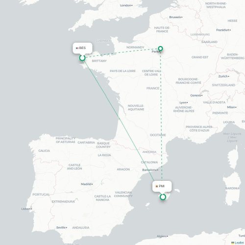 Mapa lotu bezpośredniego Brest – Palma de Mallorca