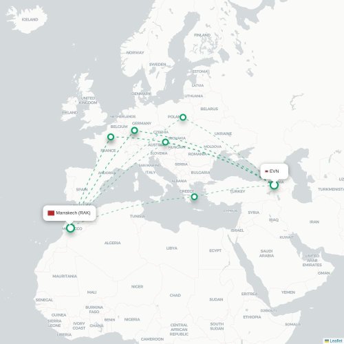 Mapa de vuelo directo Brest - Marrakech
