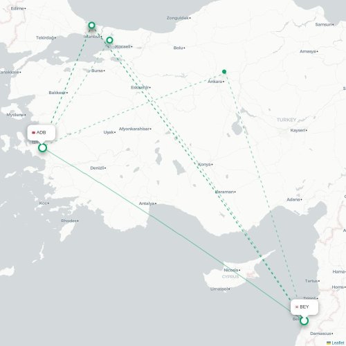 Mapa lotu bezpośredniego Bejrut – Izmir