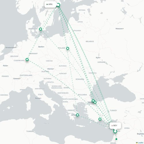 Mapa lotu bezpośredniego Bejrut – Sztokholm
