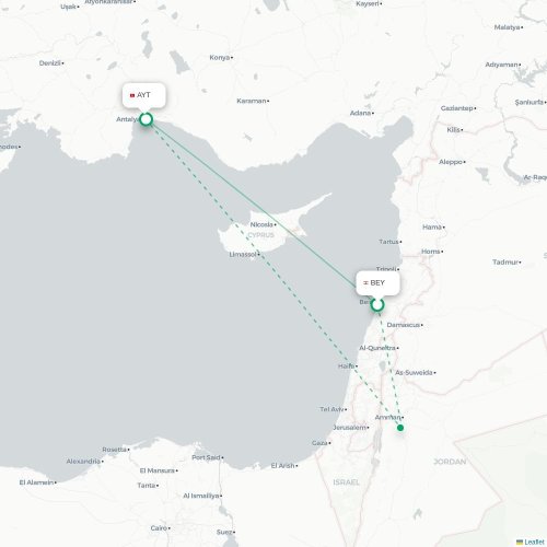 Mapa lotu bezpośredniego Bejrut – Antalya