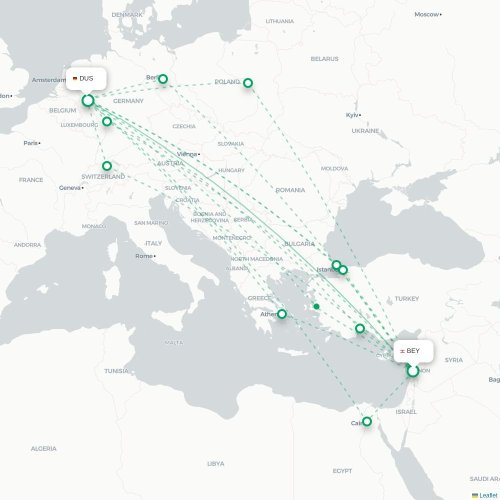 Mapa lotu bezpośredniego Bejrut – Düsseldorf