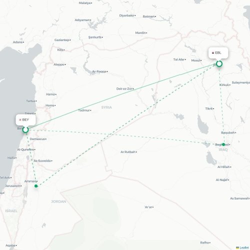 Mapa lotu bezpośredniego Bejrut – Irbil