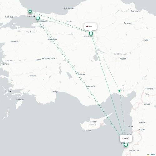 Mapa lotu bezpośredniego Bejrut – Ankara