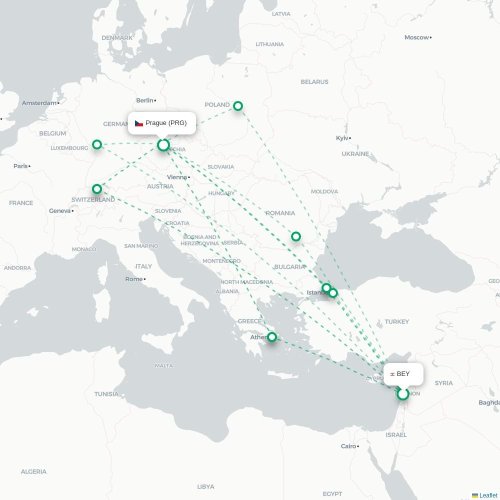 Mapa lotu bezpośredniego Bejrut – Praga