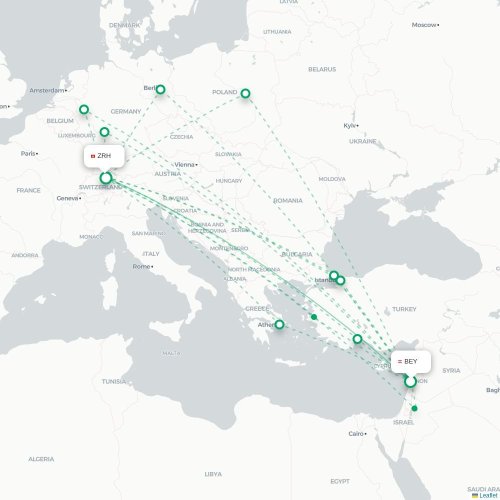 Mapa lotu bezpośredniego Bejrut – Zurych
