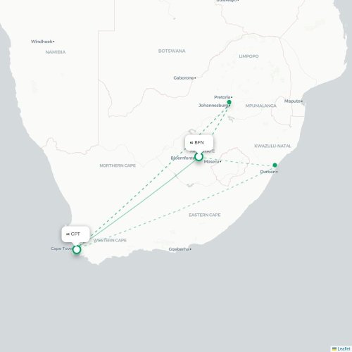 Bloemfontein - Kapkaupunki direct flight map