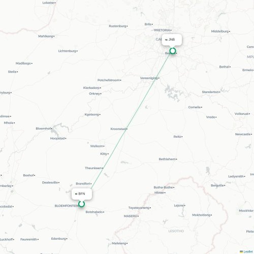 Bloemfontein - Johannesburg direct flight map