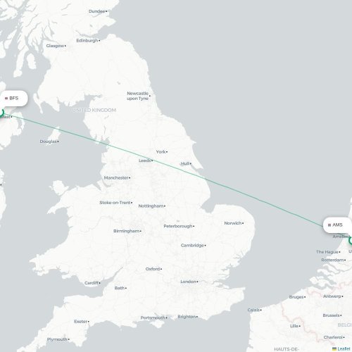 Mapa de vuelo directo Belfast - Ámsterdam