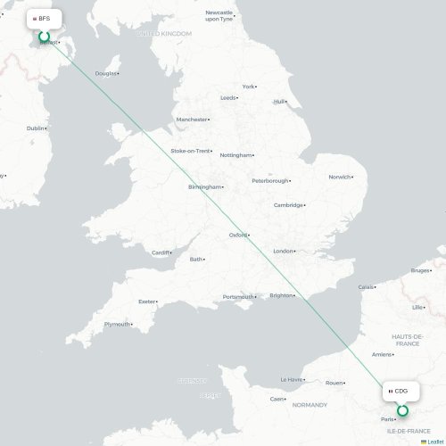 Mapa de vuelo directo Belfast - París
