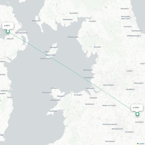 Belfast - Nottingham karta över direktflyg
