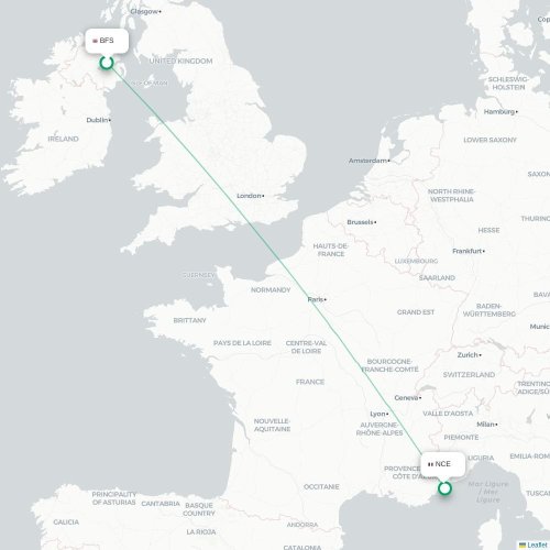 Mapa de vuelo directo Belfast - Niza
