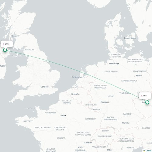Mapa lotu bezpośredniego Belfast – Praga