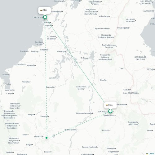 Mapa de vuelo directo Bucaramanga - Cartagena de Indias