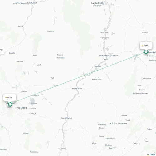 Mapa de vuelo directo Bucaramanga - Medellín