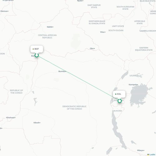 Bangui - Kigali kaart van rechtstreekse vlucht